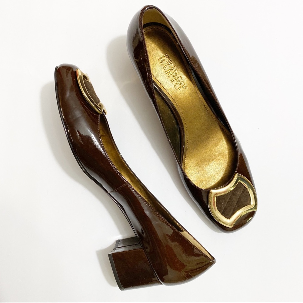 Franco Sarto Brown Patent Gold Buckle Heels